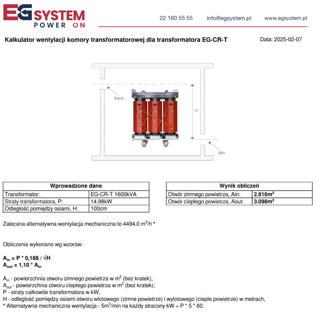 Schemat wentylacji komory transformatorowej z otworami wlotowymi i wylotowymi od EG System.