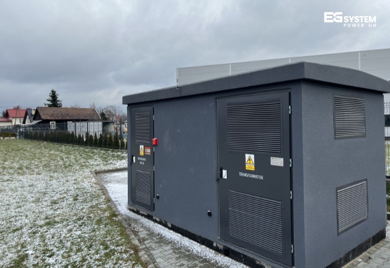 Schemat rozmieszczenia stacji transformatorowej wolnostojącej zgodnie z wymogami pożarowymi.